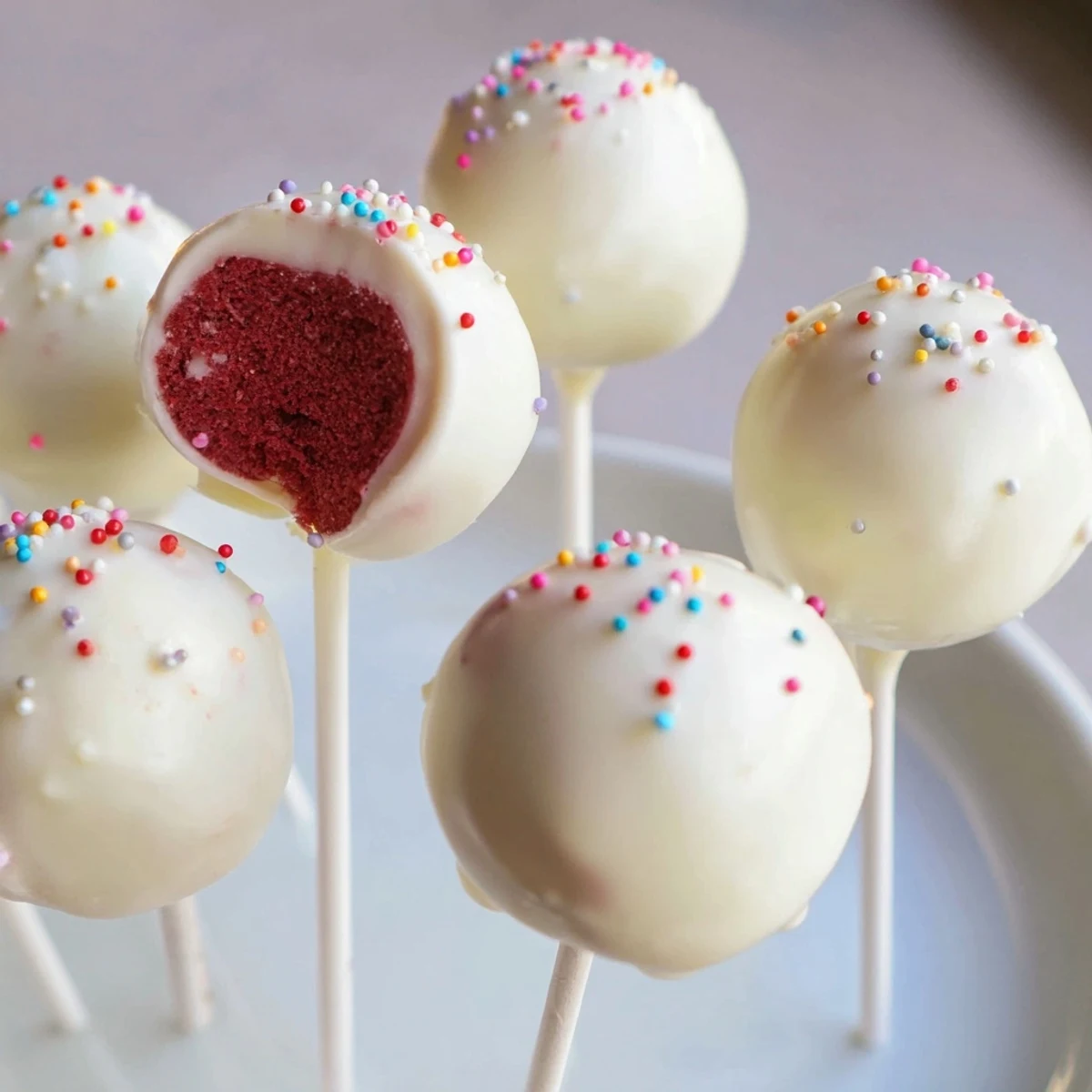 Moist red velvet cake balls on lollipop sticks, coated in smooth white chocolate, ready for a party dessert table.