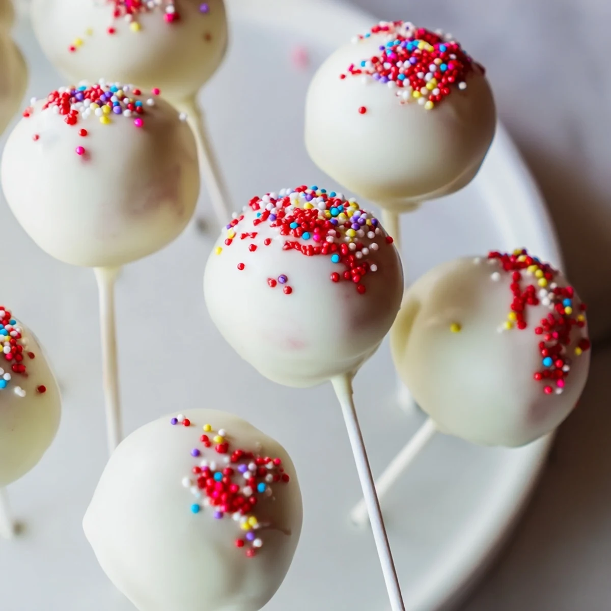 Indulgent bite-sized Red Velvet Cake Pops with cream cheese filling, standing upright in a styrofoam block to set.