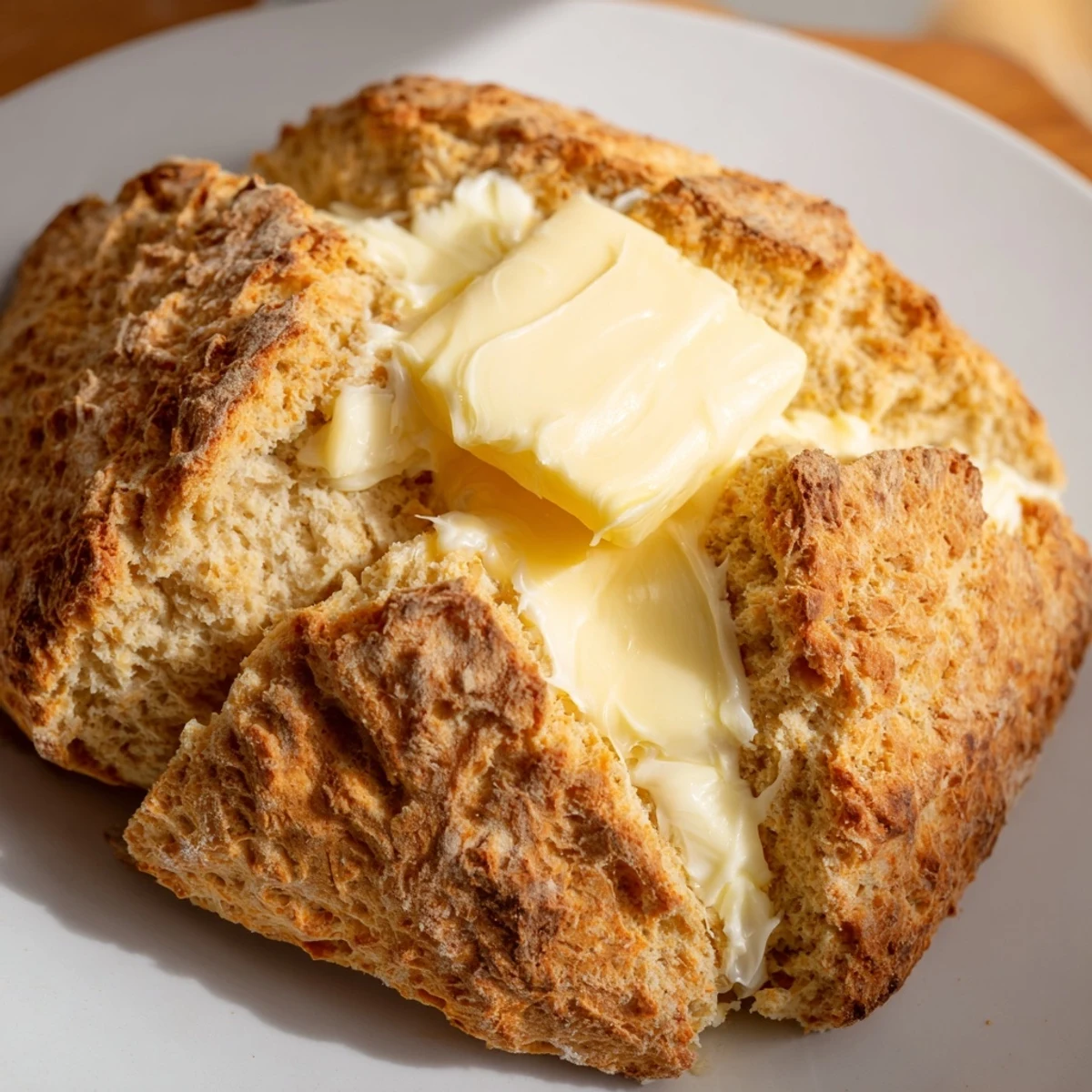 A rustic loaf of Soda Bread with Irish Butter sits sliced on a wooden board, revealing a tender crumb.