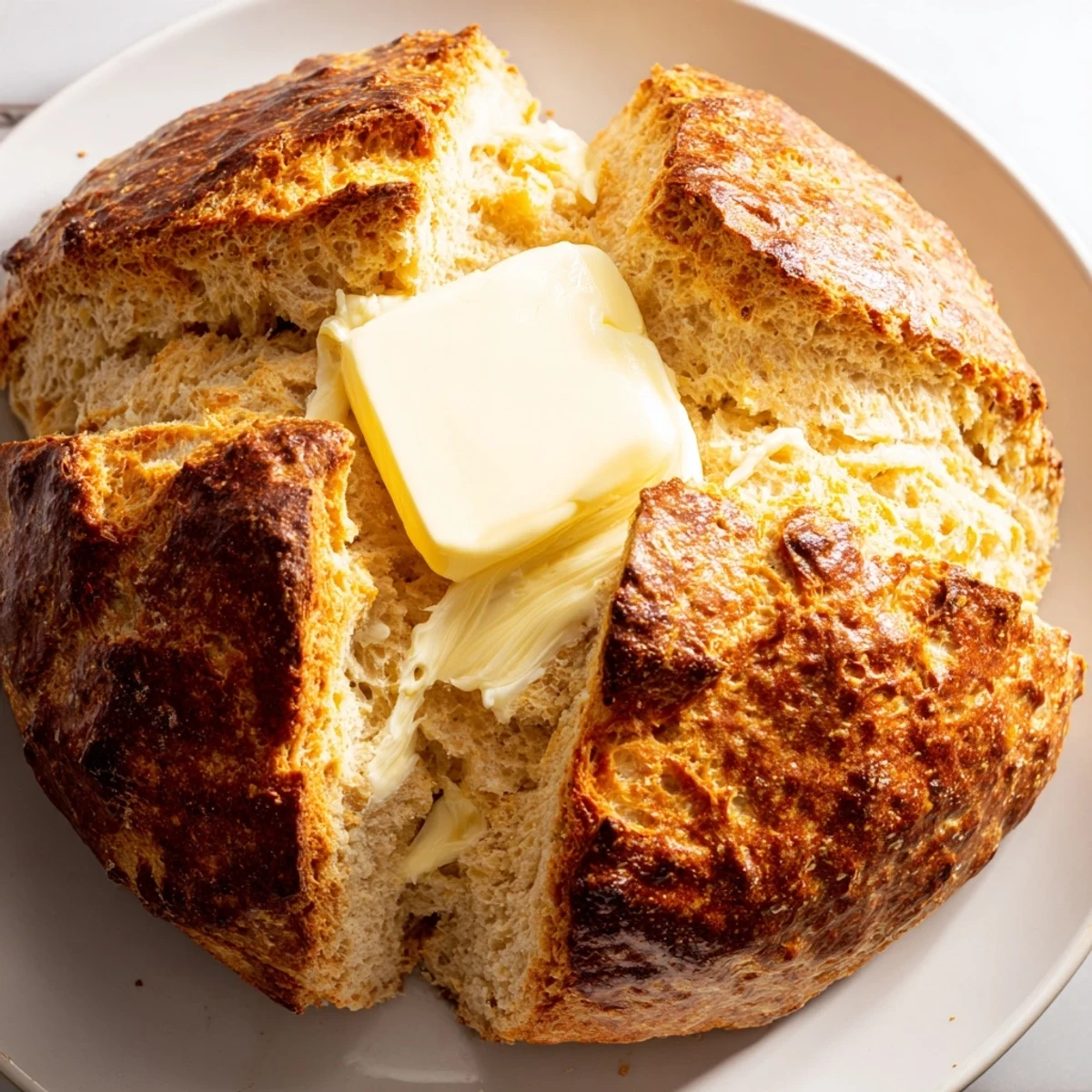Freshly baked Soda Bread with Irish Butter rests on a cooling rack, its golden cross-cut top crust visible.