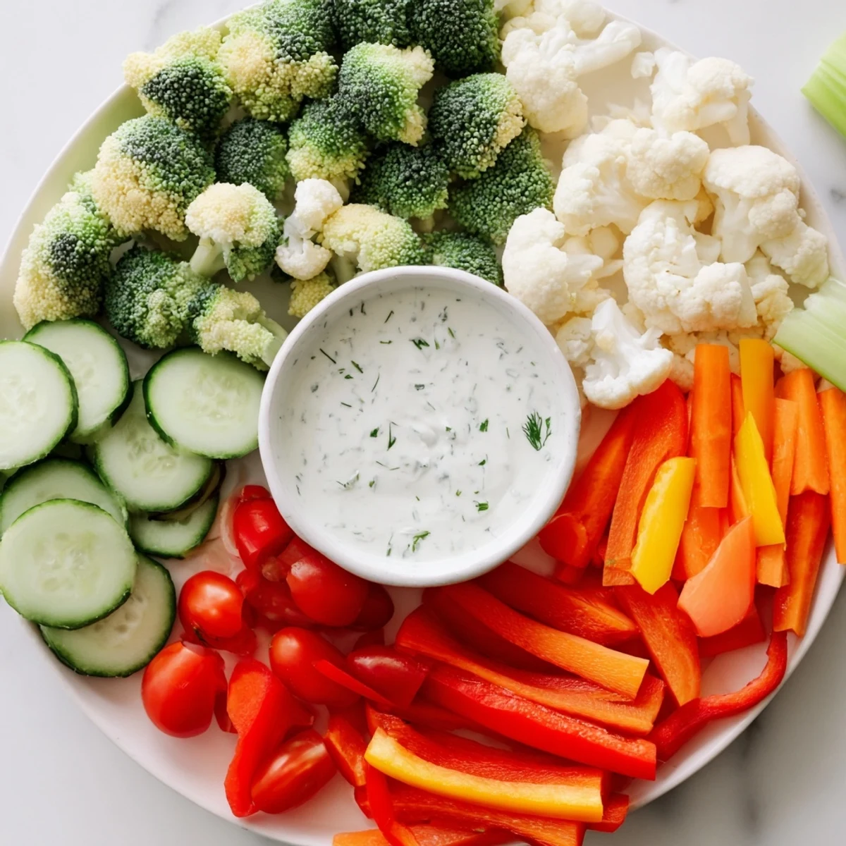 Vibrant vegetable platter with ranch dip offers a healthy snack, perfect for parties and sharing with guests.
