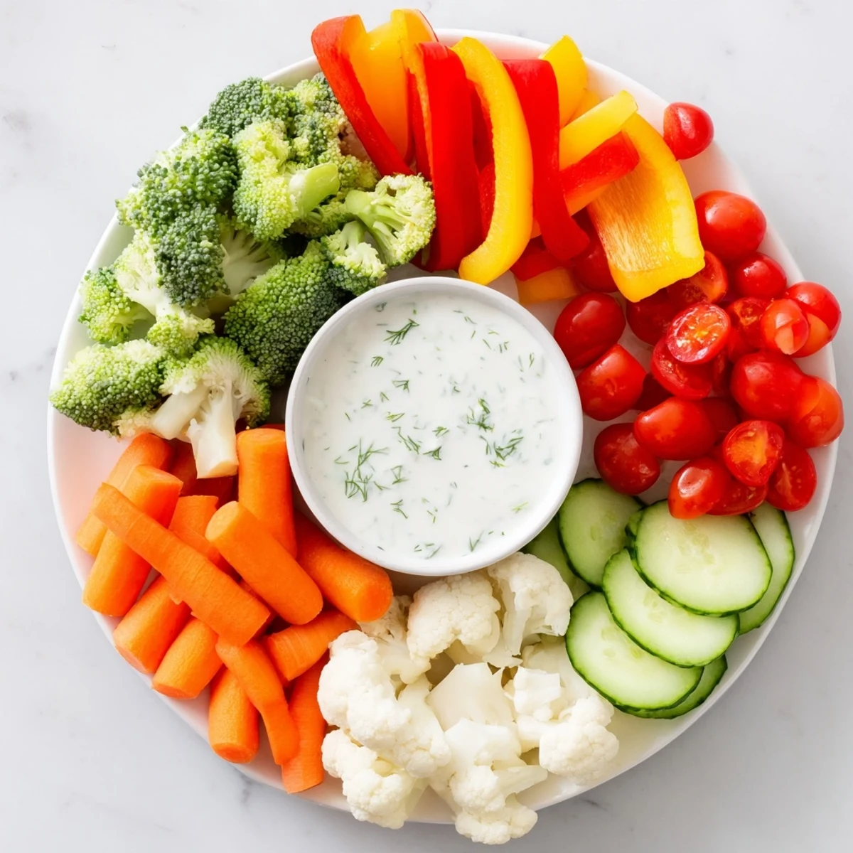 Fresh broccoli, cauliflower, and bell pepper strips surround a creamy homemade ranch dip in a small serving bowl.  