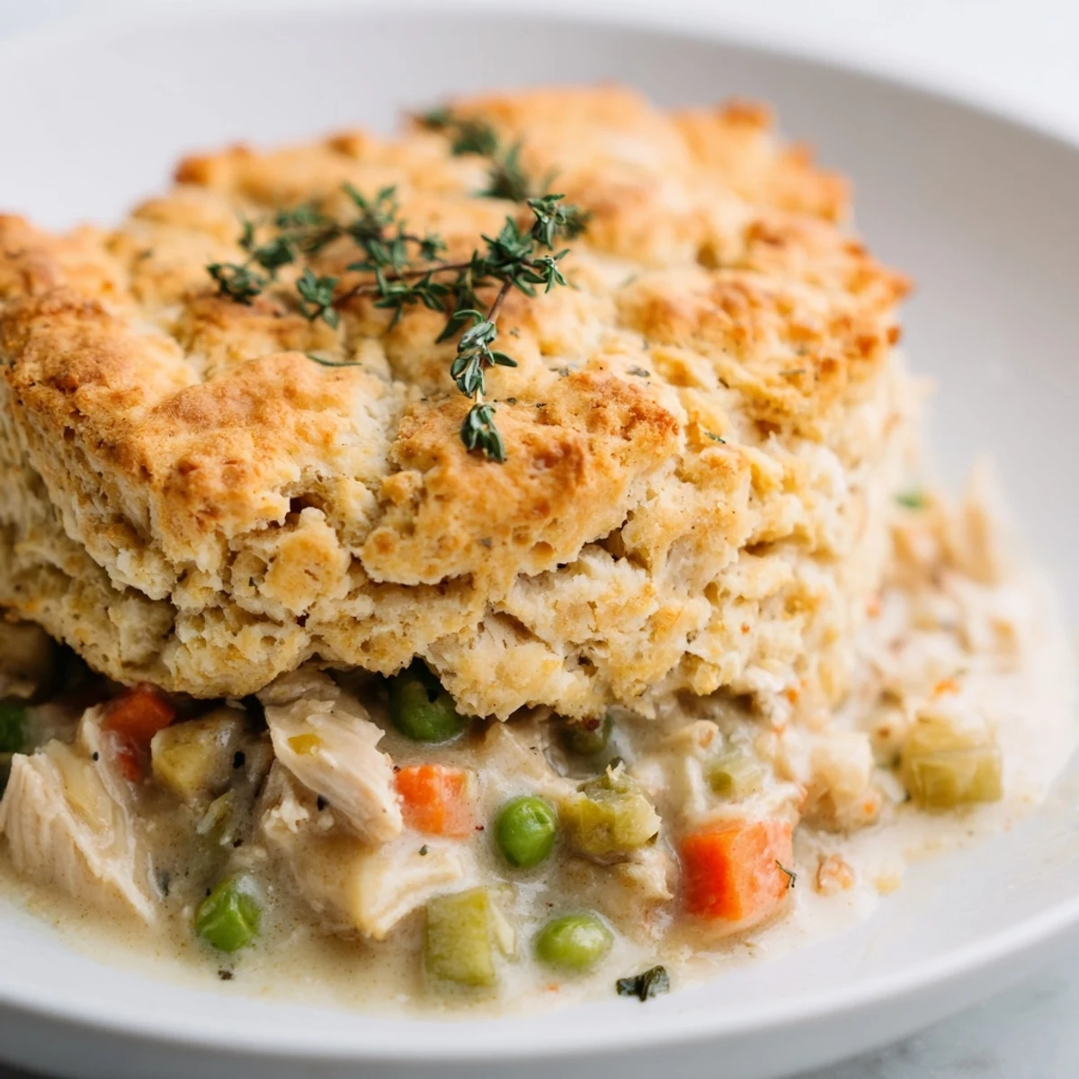 Steaming golden biscuit crust covers creamy chicken pot pie filling with peas and carrots in a rustic baking dish.