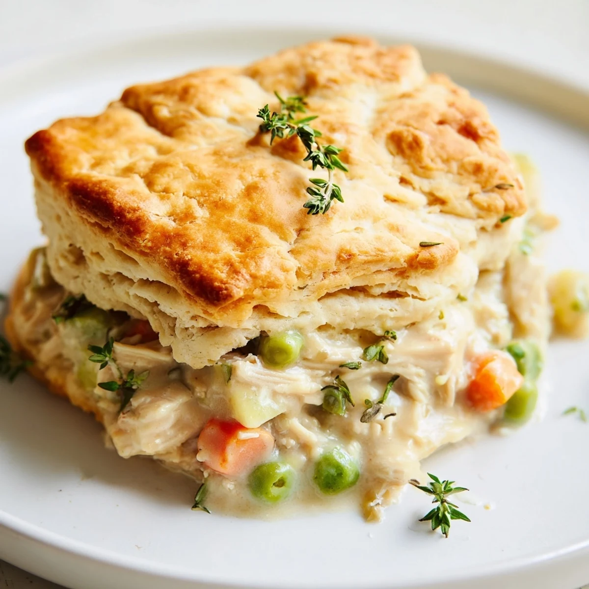 Freshly baked chicken pot pie with biscuit topping rests beside a spoon, ready for a comforting family dinner.