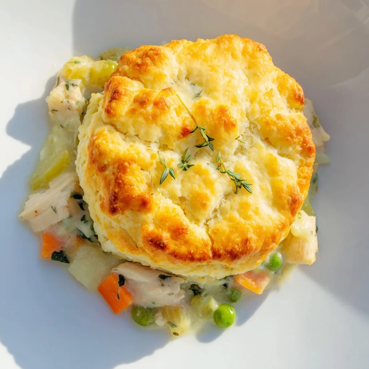 Rustic chicken pot pie shows flaky biscuit crust bubbling over savory chicken, peas, and carrots in a homestyle dish.