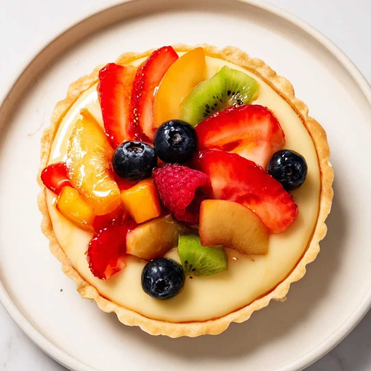 A slice of fruit tart with vanilla custard, topped with fresh strawberries, blueberries, and a glossy apricot glaze on a rustic table.