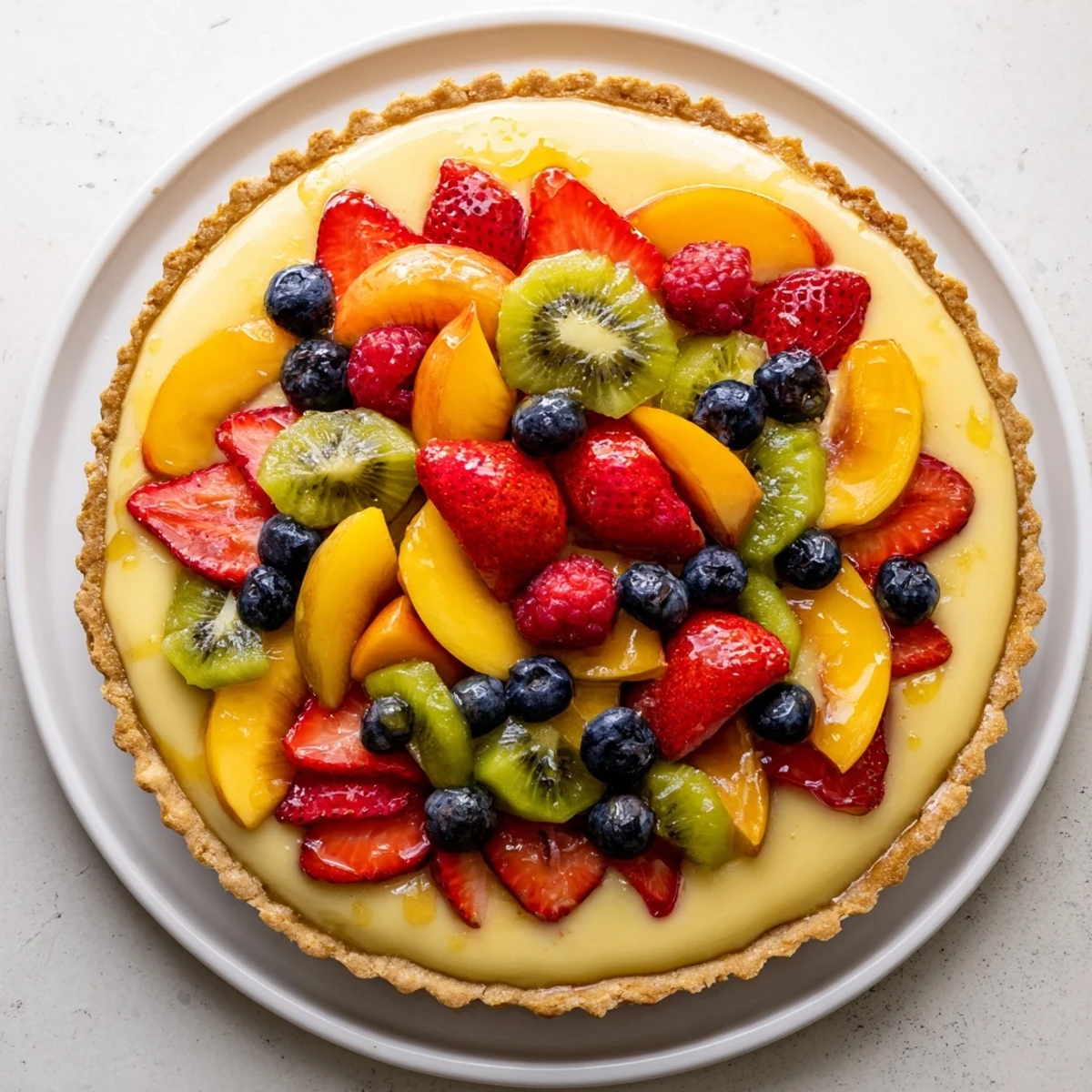 A vibrant fruit tart with vanilla custard, showcasing sliced peaches and kiwi arranged decoratively over the creamy filling.
