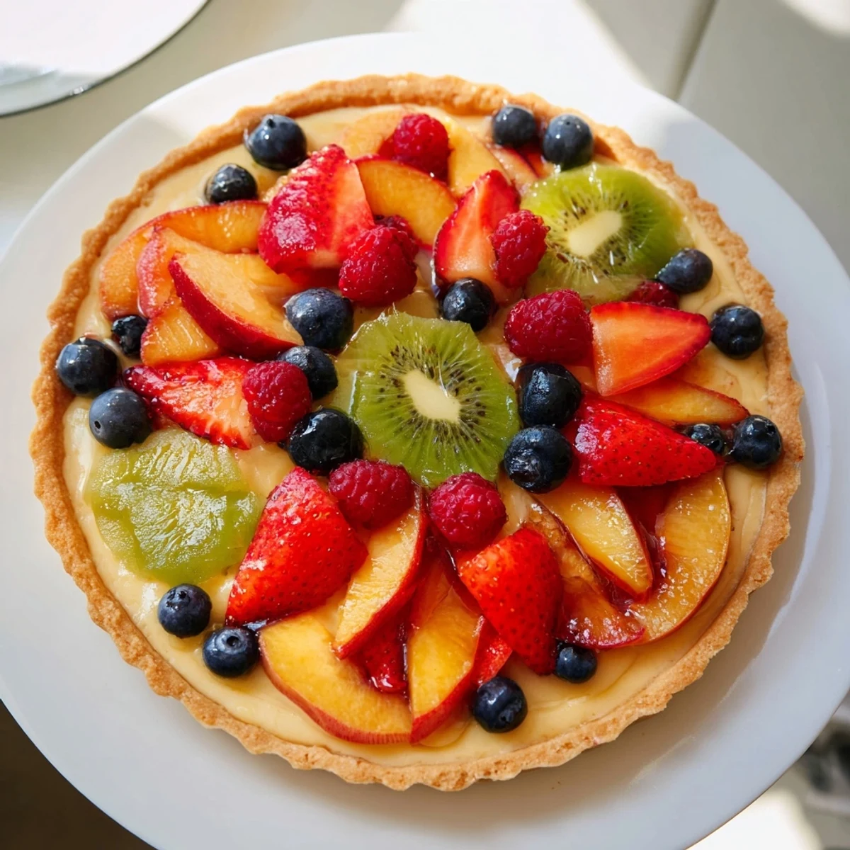 Freshly baked fruit tart with vanilla custard, featuring a golden-brown crust and a colorful mix of ripe berries.