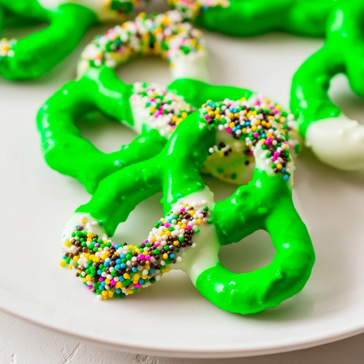Vibrant green chocolate-dipped pretzel treats arranged on a white plate, offering a sweet and salty snack perfect for parties or casual gatherings.  