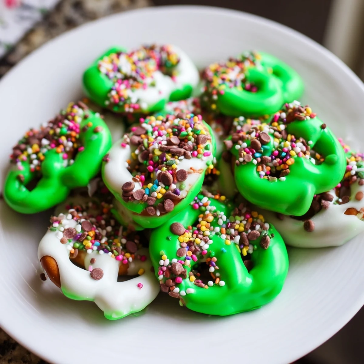 These bite-sized Pretzel Treats with Green Chocolate feature crunchy pretzel twists coated in smooth green chocolate, topped with festive sprinkles and pistachios.  