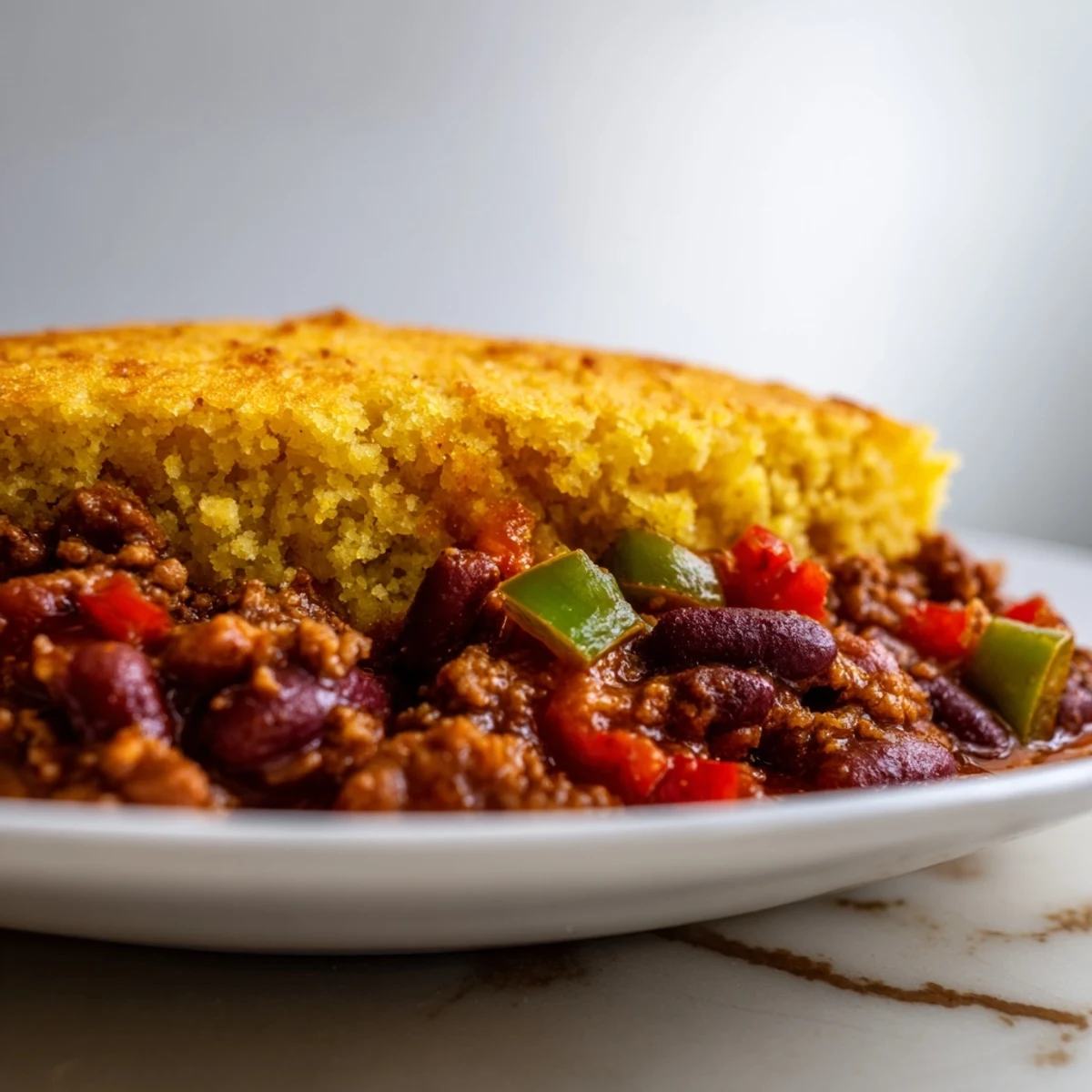 Hearty beef chili with cornbread topping baked in a skillet, golden and fluffy.  