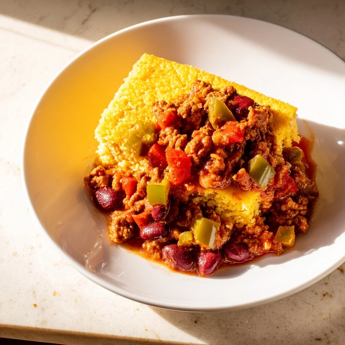 Golden cornbread topping covers beef chili, served with a dollop of sour cream.