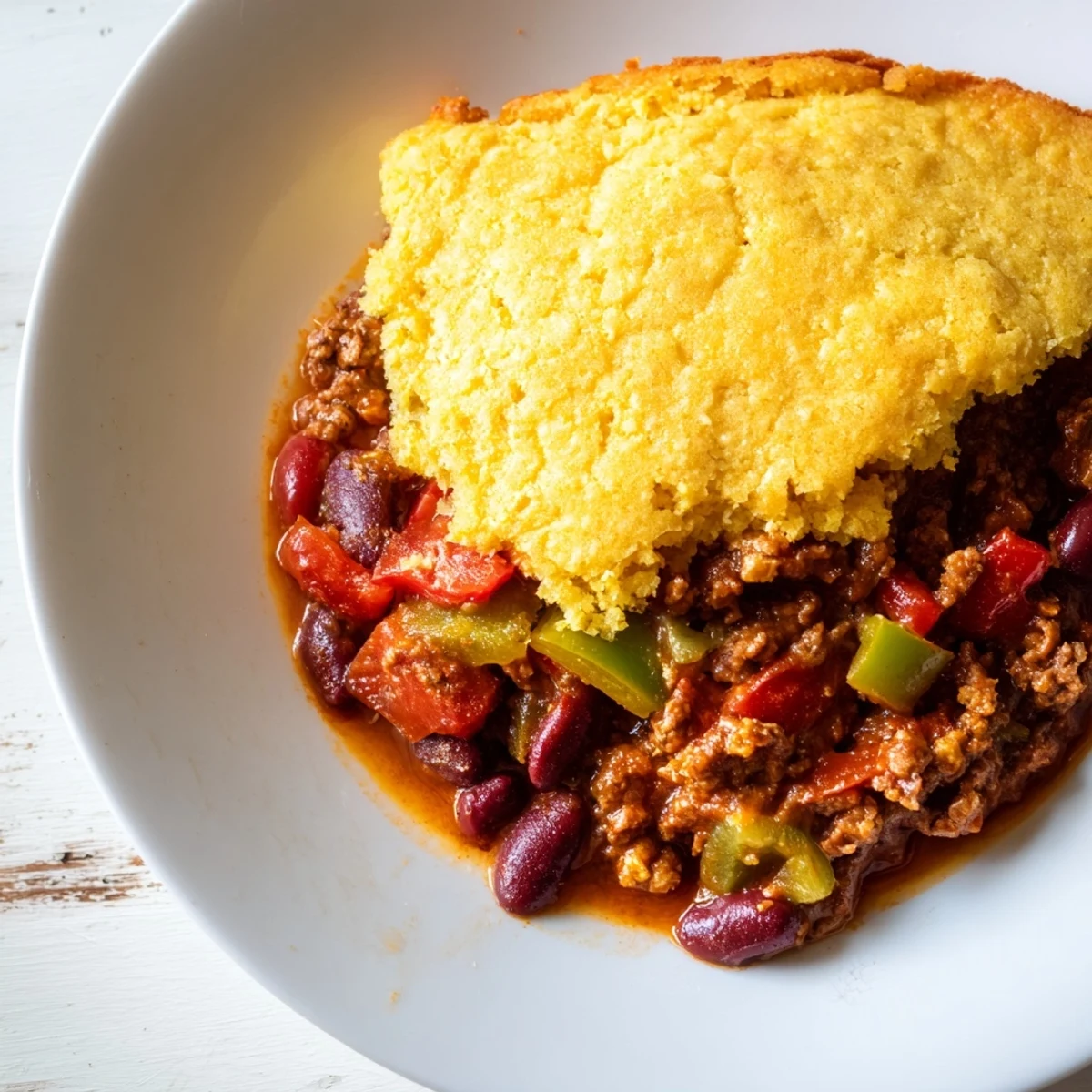Beef chili and cornbread casserole with kidney beans, peppers, and a savory aroma.  