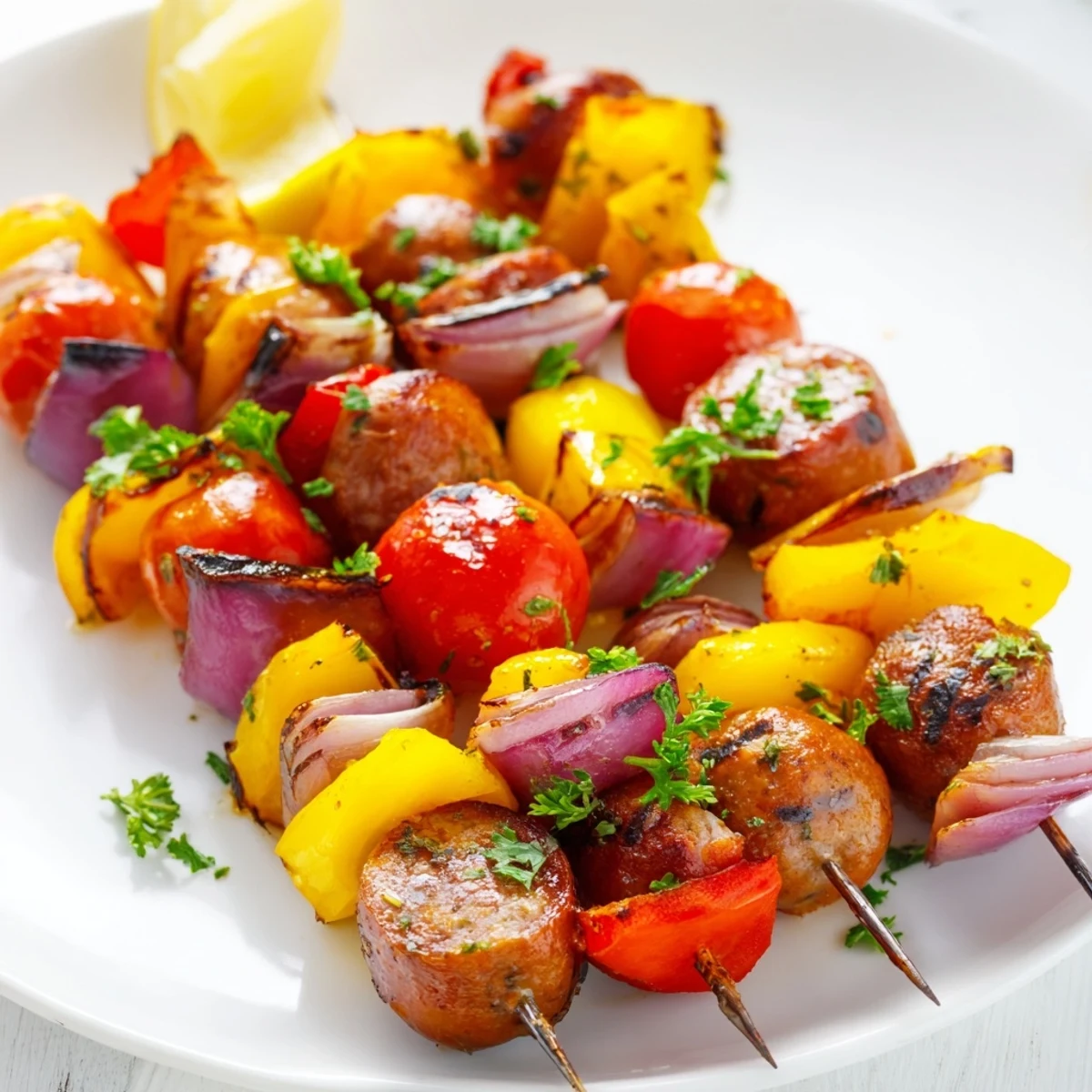 Colorful Beef Sausage Skewers with Peppers served with fresh parsley and lemon wedges on a rustic plate.