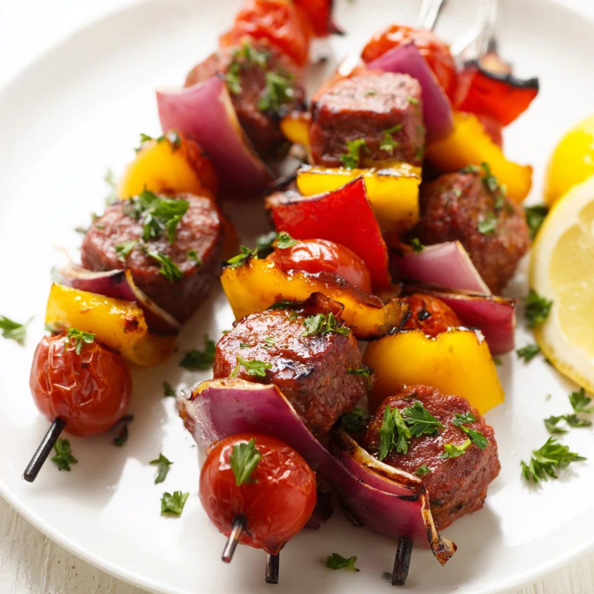 Juicy Beef Sausage Skewers with Peppers and red onions sizzling on a grill, lightly charred and steaming.