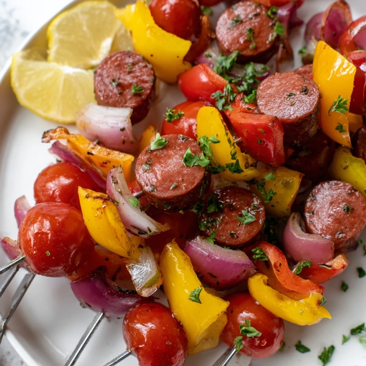 Grilled Beef Sausage Skewers with Peppers and cherry tomatoes skewered together, ready to eat at a backyard barbecue.