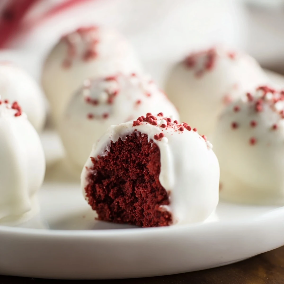 Festive Red Velvet Cake Pops coated in smooth white chocolate with rainbow sprinkles, arranged upright on a stand for easy party serving.