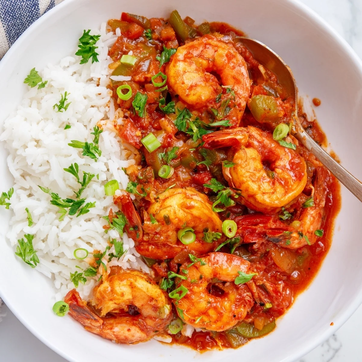 Colorful Shrimp Creole simmering in a rich tomato sauce over fluffy white rice with fresh parsley garnish.