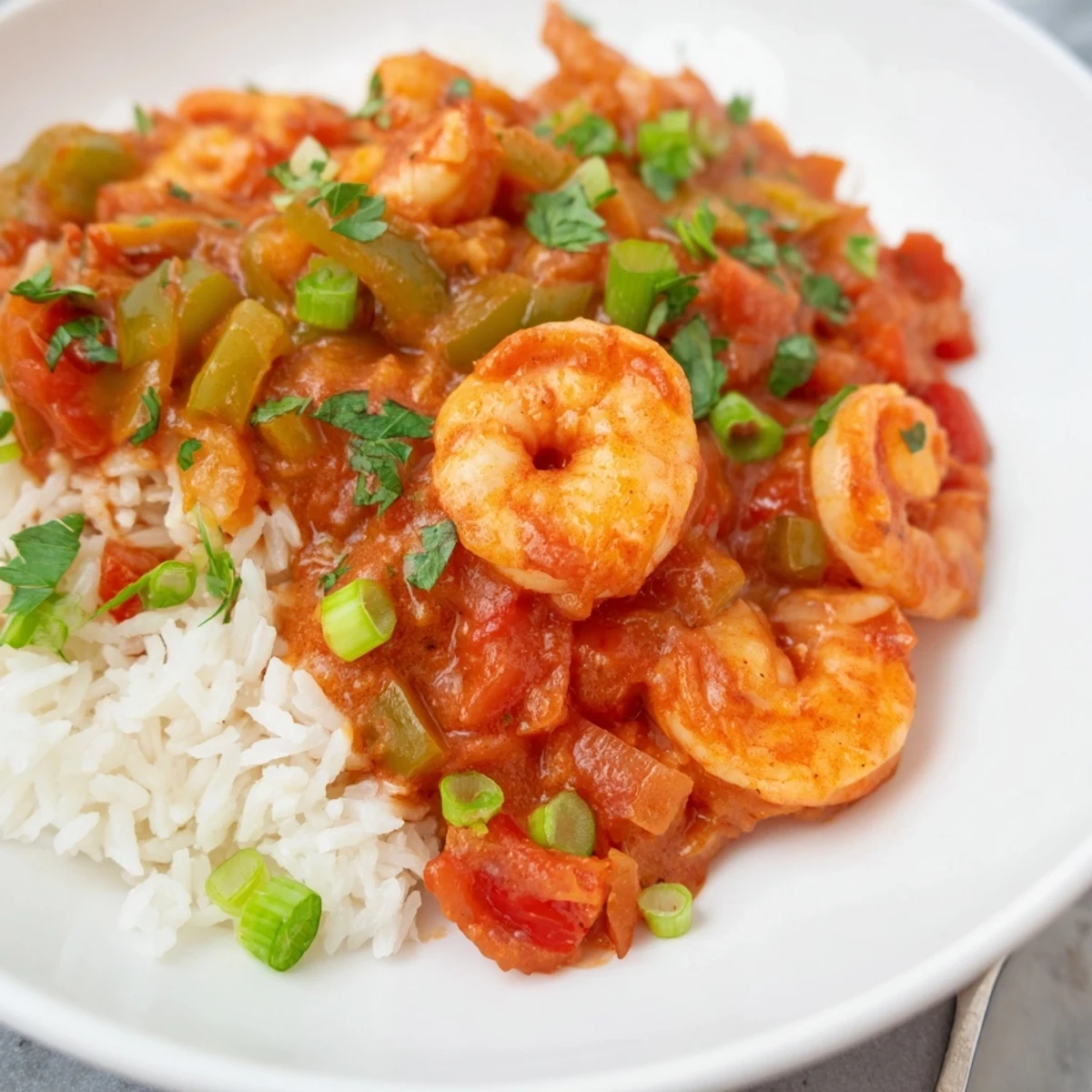 A spoonful of hearty Shrimp Creole and white rice showcasing tender shrimp, bell peppers, and a bold Creole sauce.