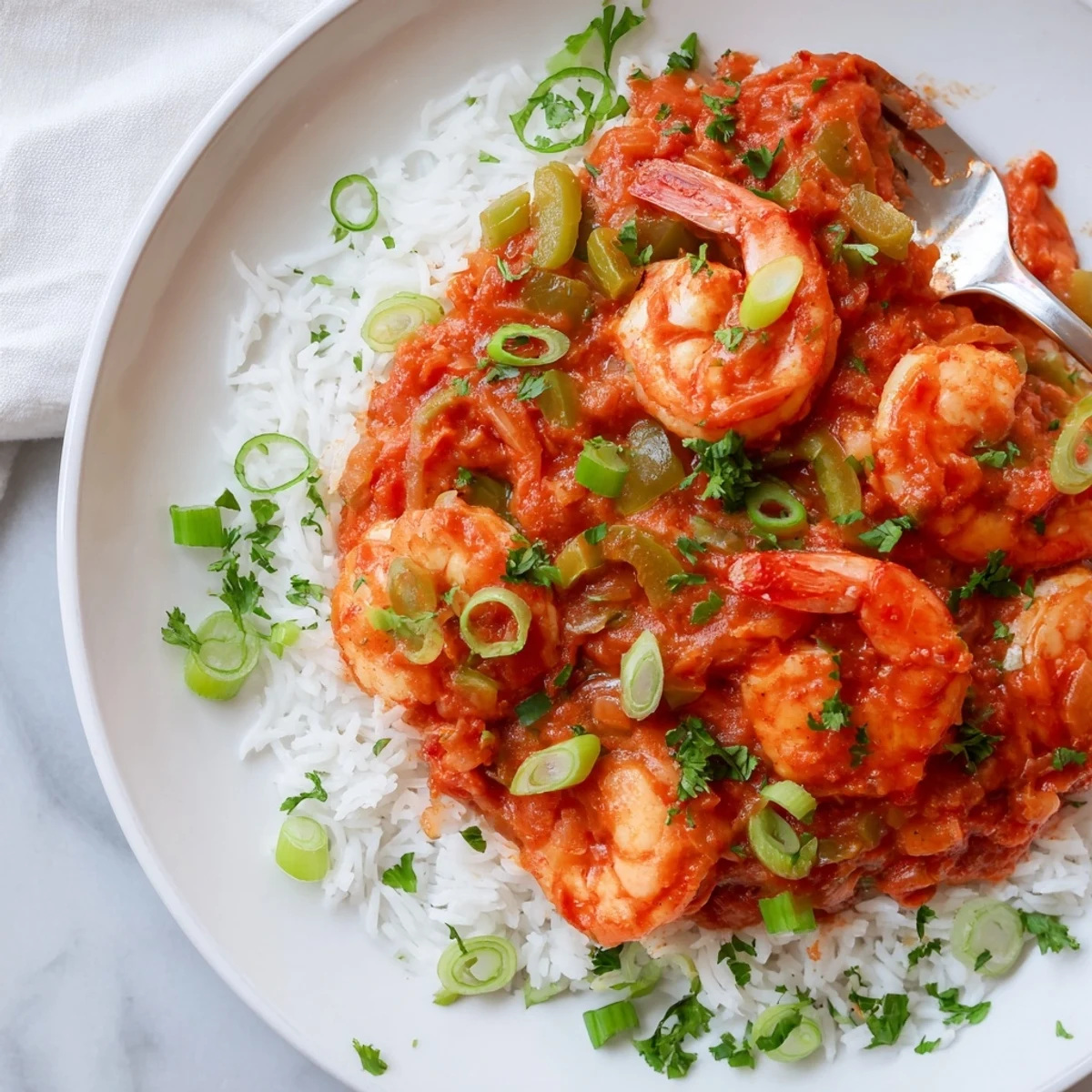 Spicy Louisiana-style Shrimp Creole served on white rice with lemon wedges and green onions for a vibrant dinner.