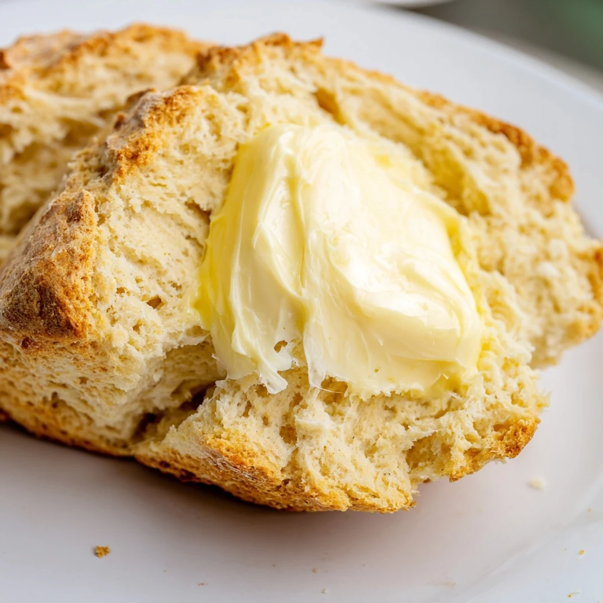 Sliced Soda Bread with Irish Butter on a rustic platter, ready for breakfast alongside steaming black tea in a mug.