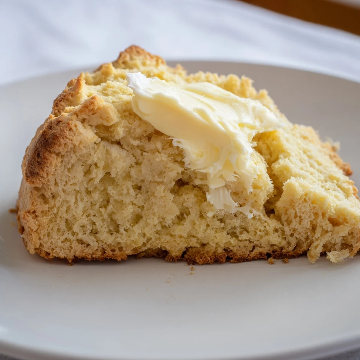 Warm Soda Bread with Irish Butter, melted butter dripping from a thick slice cut from the golden cross-top loaf.