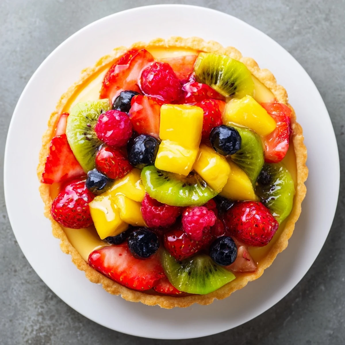 Golden slices of Fruit Tart with Vanilla Custard on a white plate, glossy apricot glaze catching the light.
