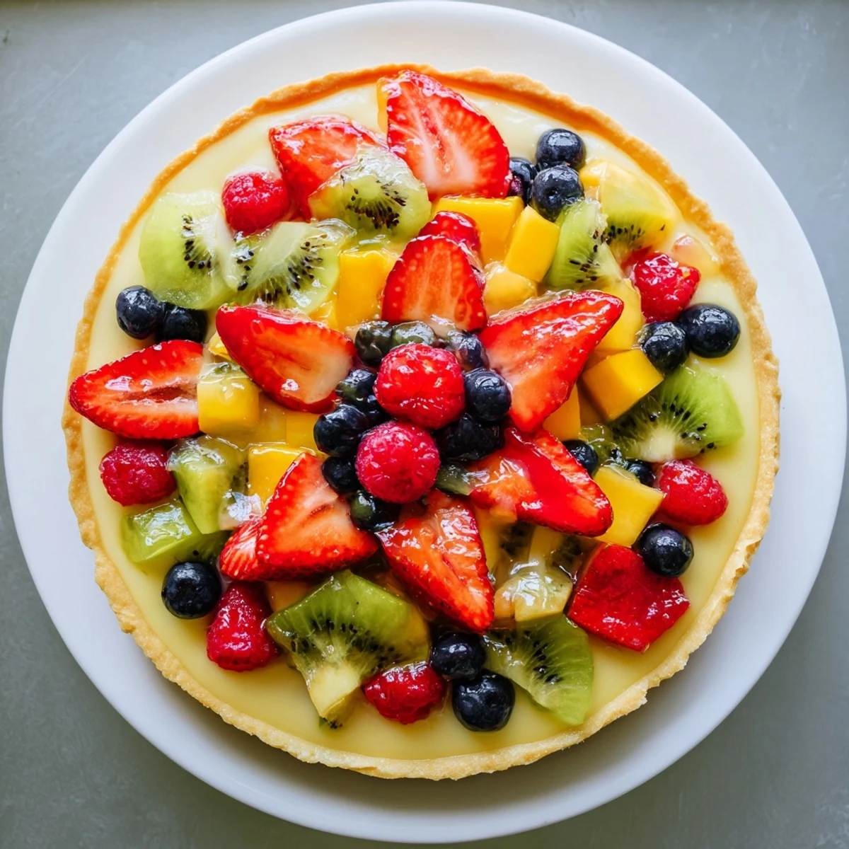 A close-up of a Fruit Tart with Vanilla Custard, showing creamy filling and vibrant berries arranged neatly.