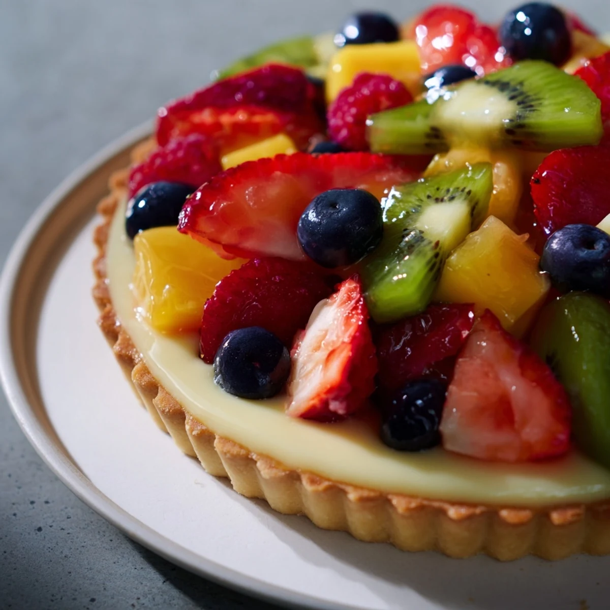 Freshly baked Fruit Tart with Vanilla Custard served on a wooden board, ready to slice for dessert.