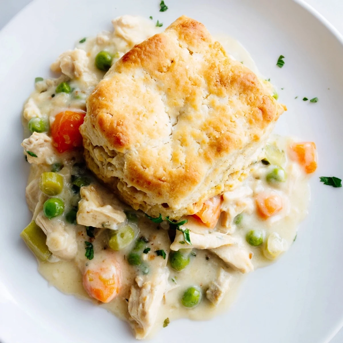 Golden-brown Chicken Pot Pie with biscuit crust sits in a baking dish, filled with creamy chicken and vegetable stew.