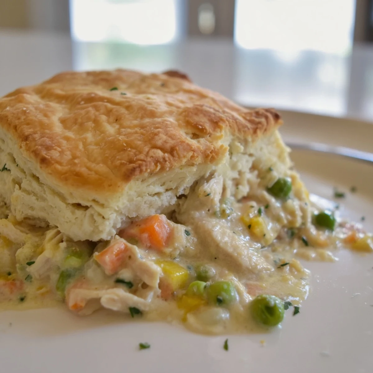 Fresh parsley garnishes the bubbling Chicken Pot Pie, highlighting the golden, flaky biscuit crust and tender vegetables.