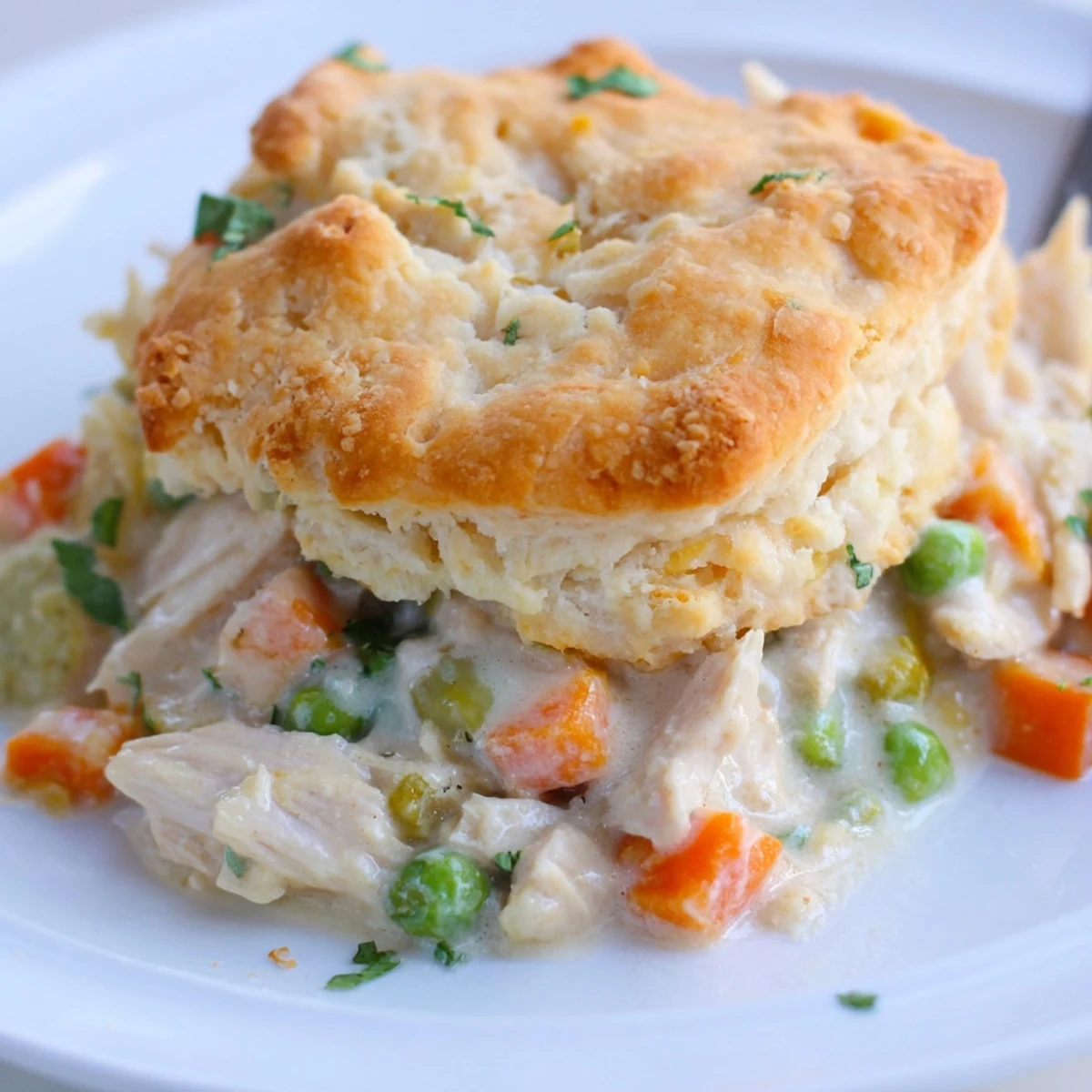 Biscuit-topped Chicken Pot Pie is served in a rustic bowl with a spoon, ready for a cozy family dinner.