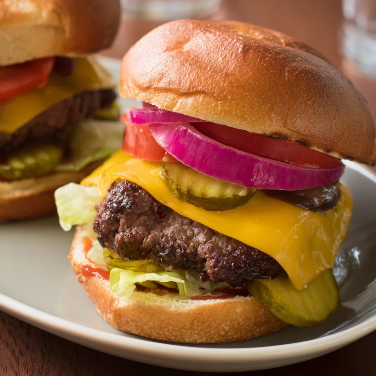 Freshly grilled Beef Sliders with Cheddar Cheese on toasted buns, garnished with lettuce, tomato, and pickles for a classic party bite.