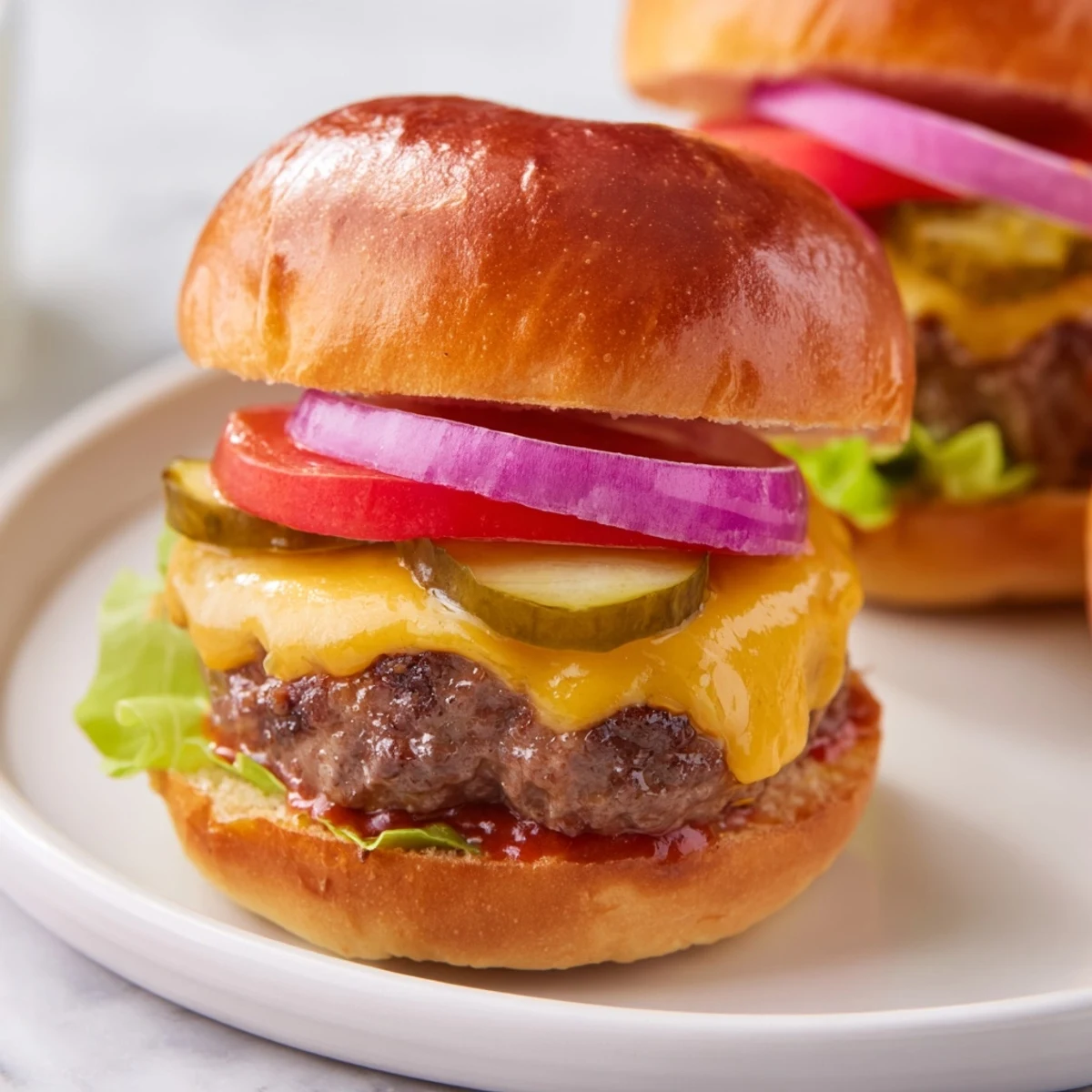 Close-up of Beef Sliders with Cheddar Cheese showing oozing melted cheese over a seared beef patty on a warm, soft bun.