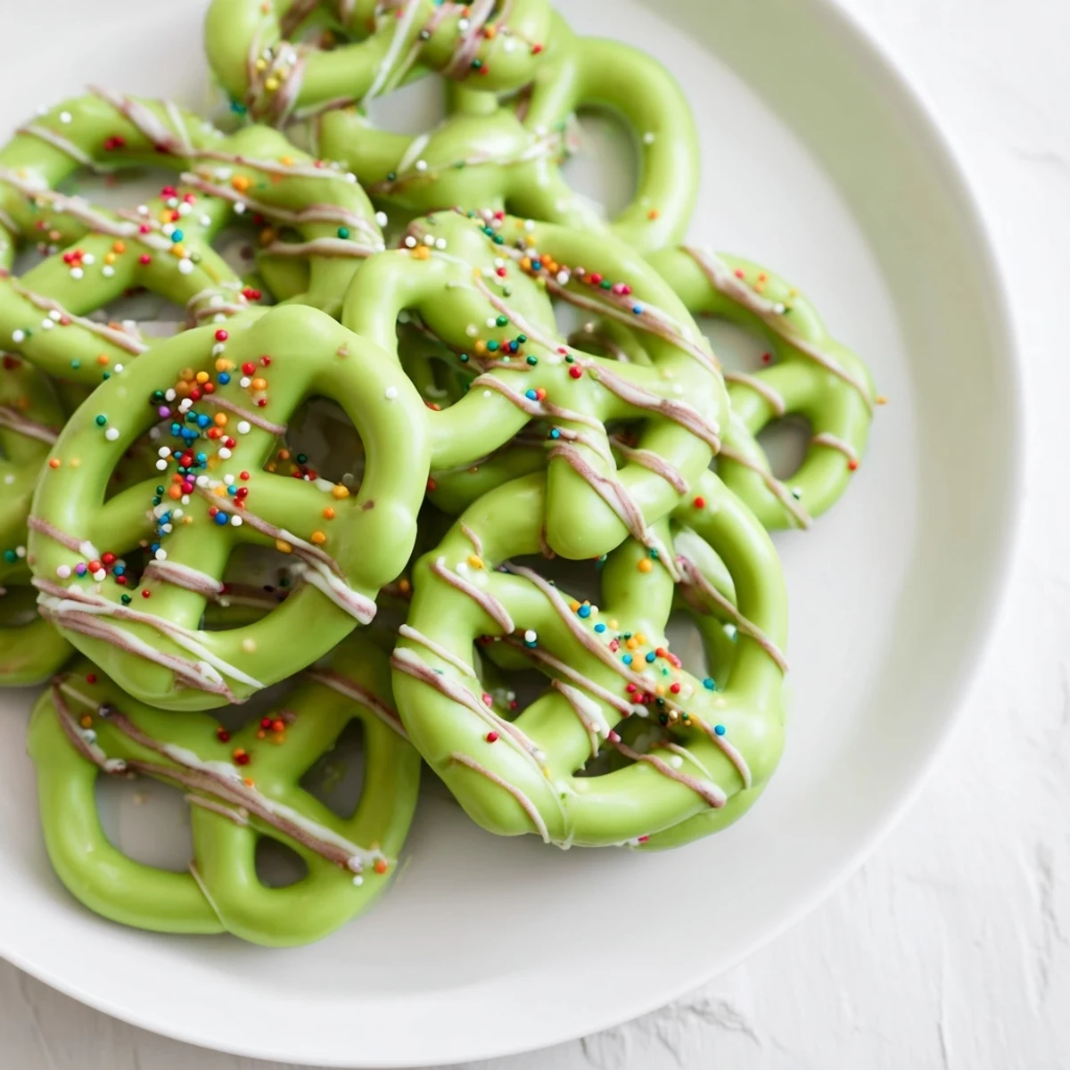 Sweet-and-salty Pretzel Treats with Green Chocolate Drizzle drizzled over crunchy pretzels on a baking sheet.