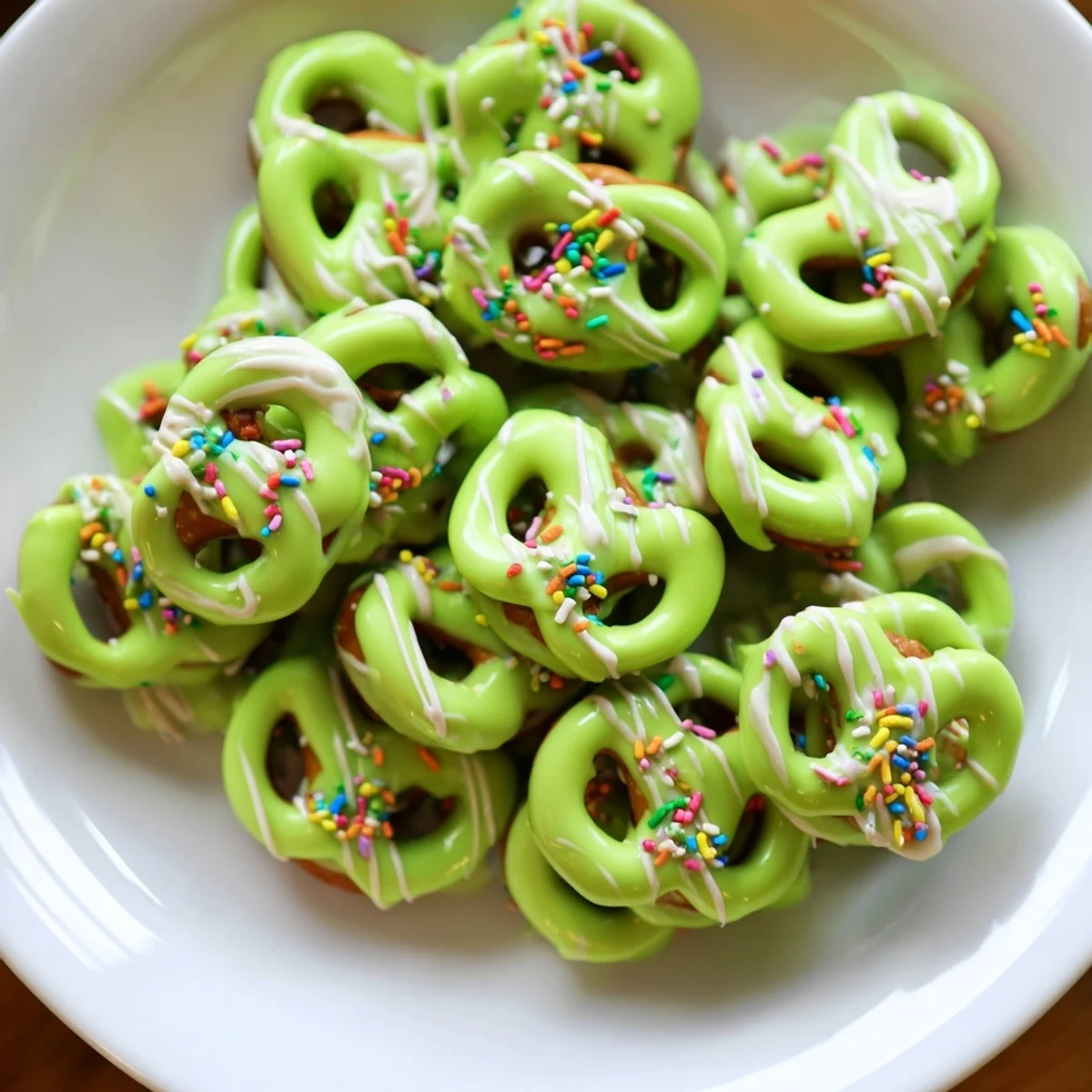 Pretzel Treats with Green Chocolate Drizzle arranged on a white plate with festive sprinkles.