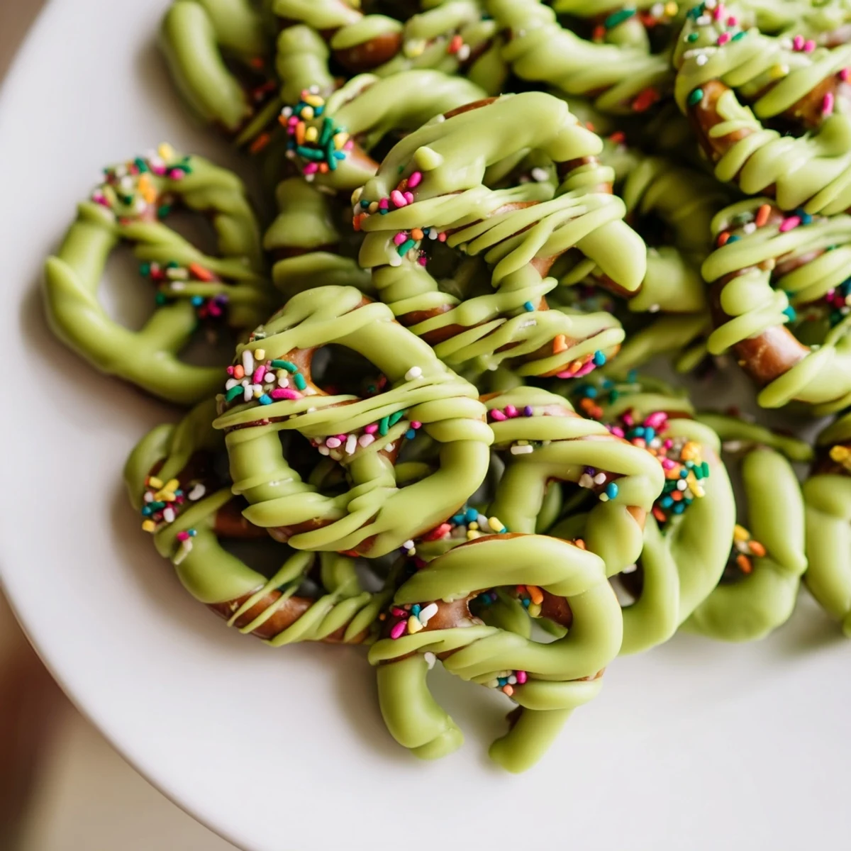 Festive Pretzel Treats with Green Chocolate Drizzle packaged in clear bags as kid-friendly party favors.
