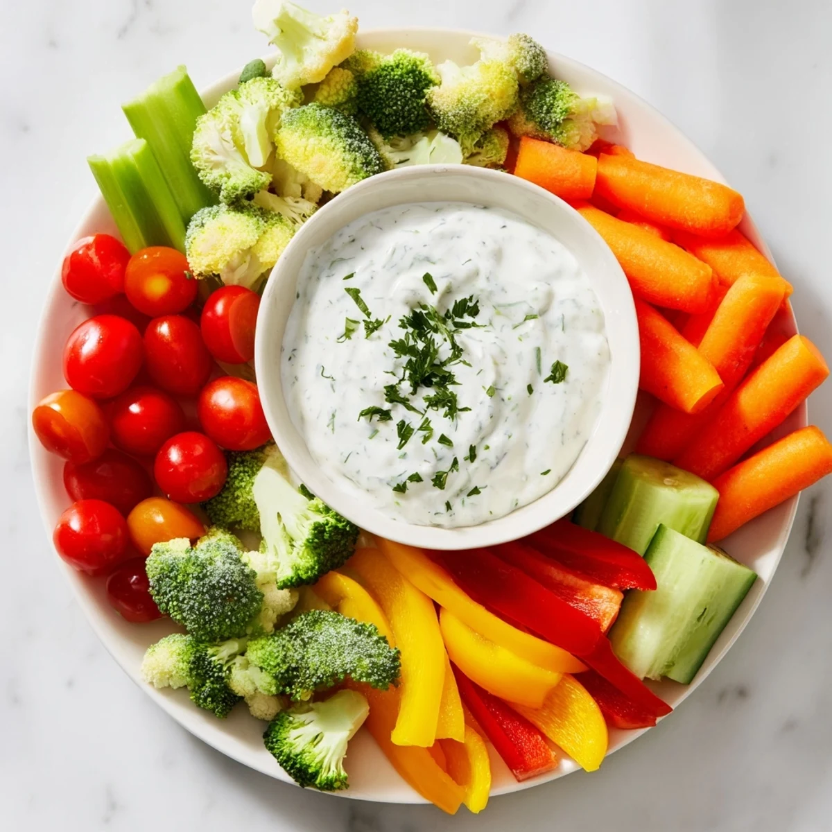 Fresh cherry tomatoes, crisp carrots, and broccoli florets surround a bowl of creamy ranch dip in this colorful veggie tray appetizer.