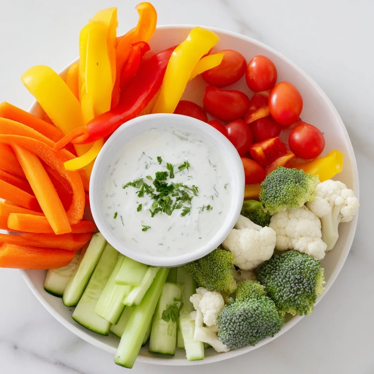 Close-up shot of crunchy celery sticks, bell peppers, and cauliflower next to a homemade ranch dip for dipping.