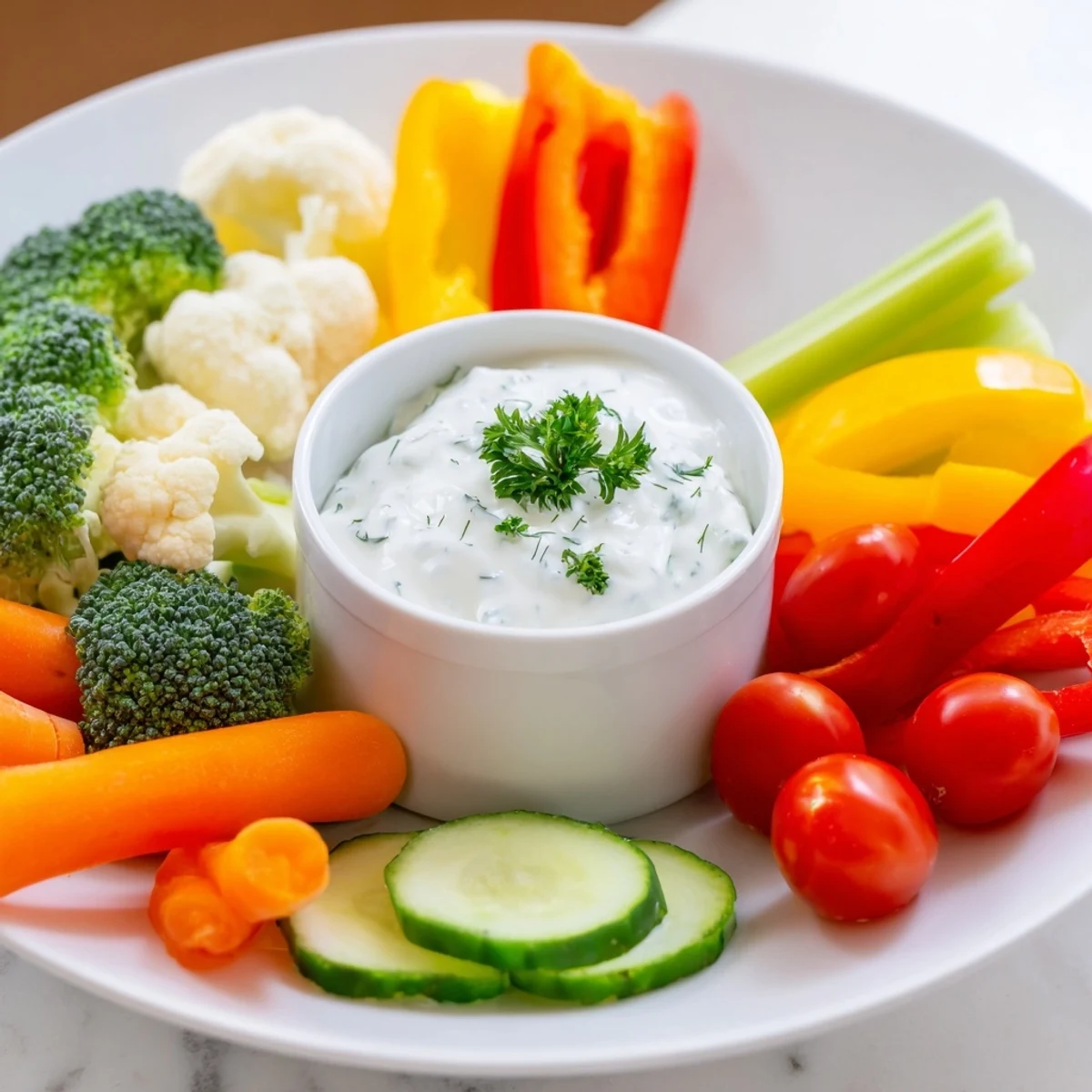 A vibrant vegetable platter with ranch dip, perfect for parties, picnics, or healthy snacking in the U.S. today.