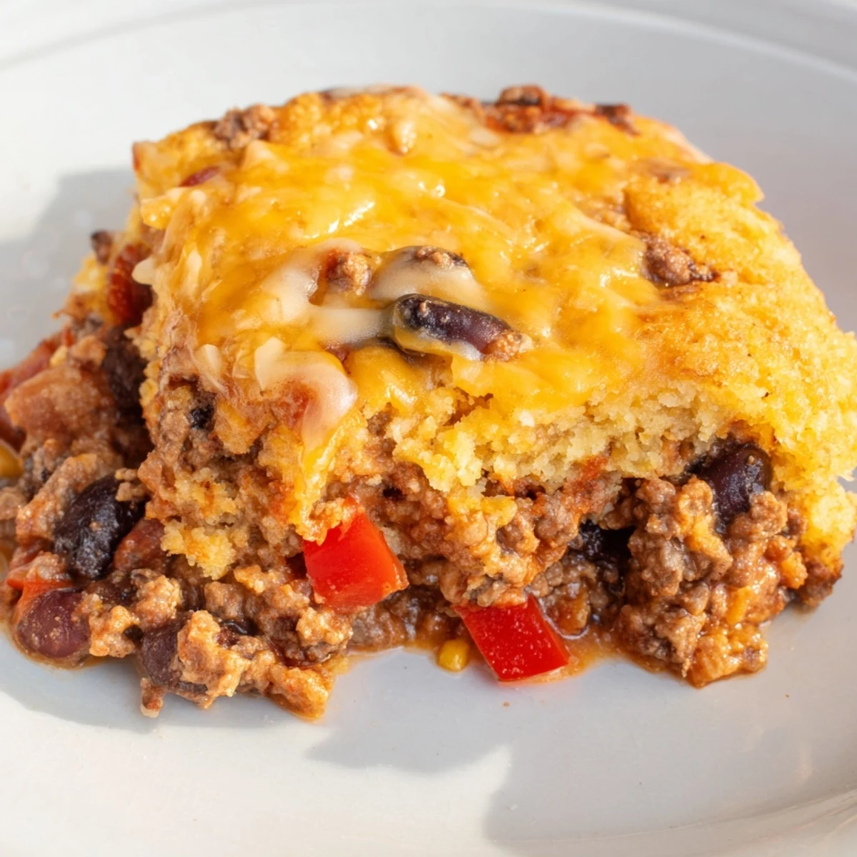 Hearty beef chili with golden cornbread topping, served warm in a rustic skillet for a comforting family dinner.