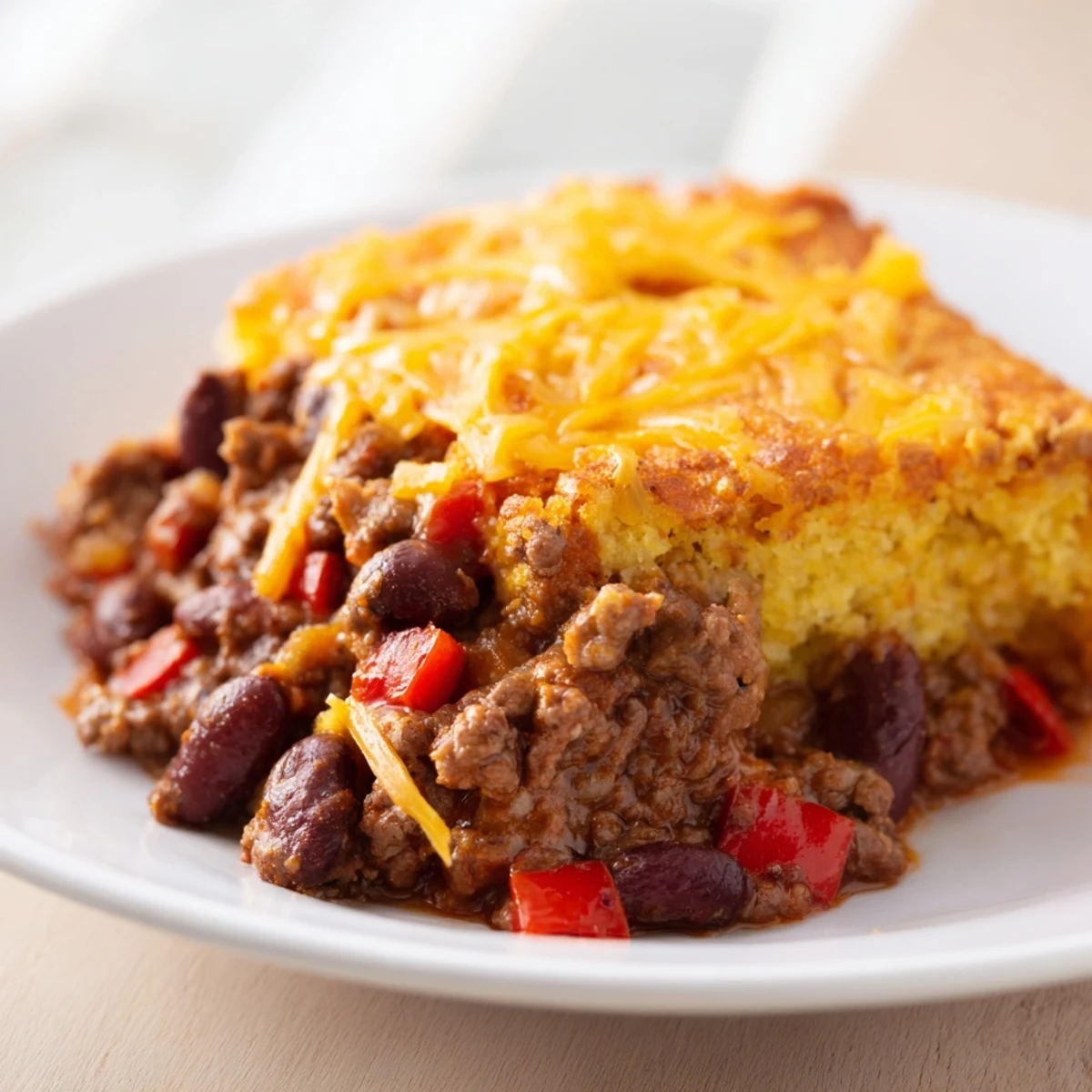 Freshly baked cornbread crust over savory beef chili, garnished with melted cheddar and a side of sour cream.
