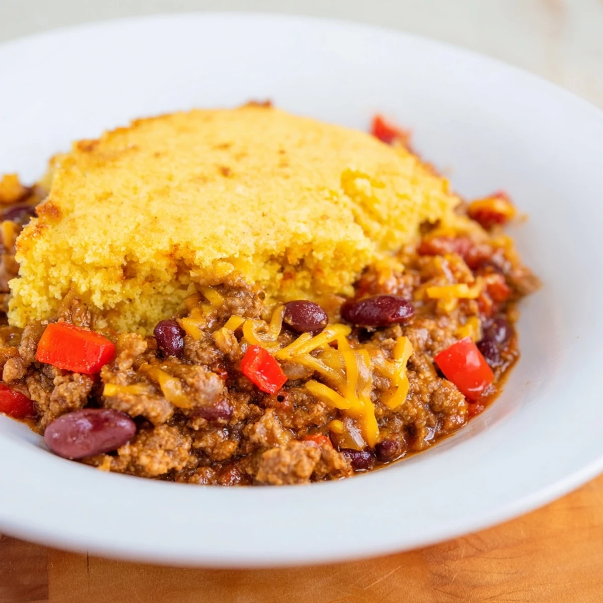 Skillet of beef chili with cornbread topping, bubbling and golden brown, ready to serve with cilantro garnish.