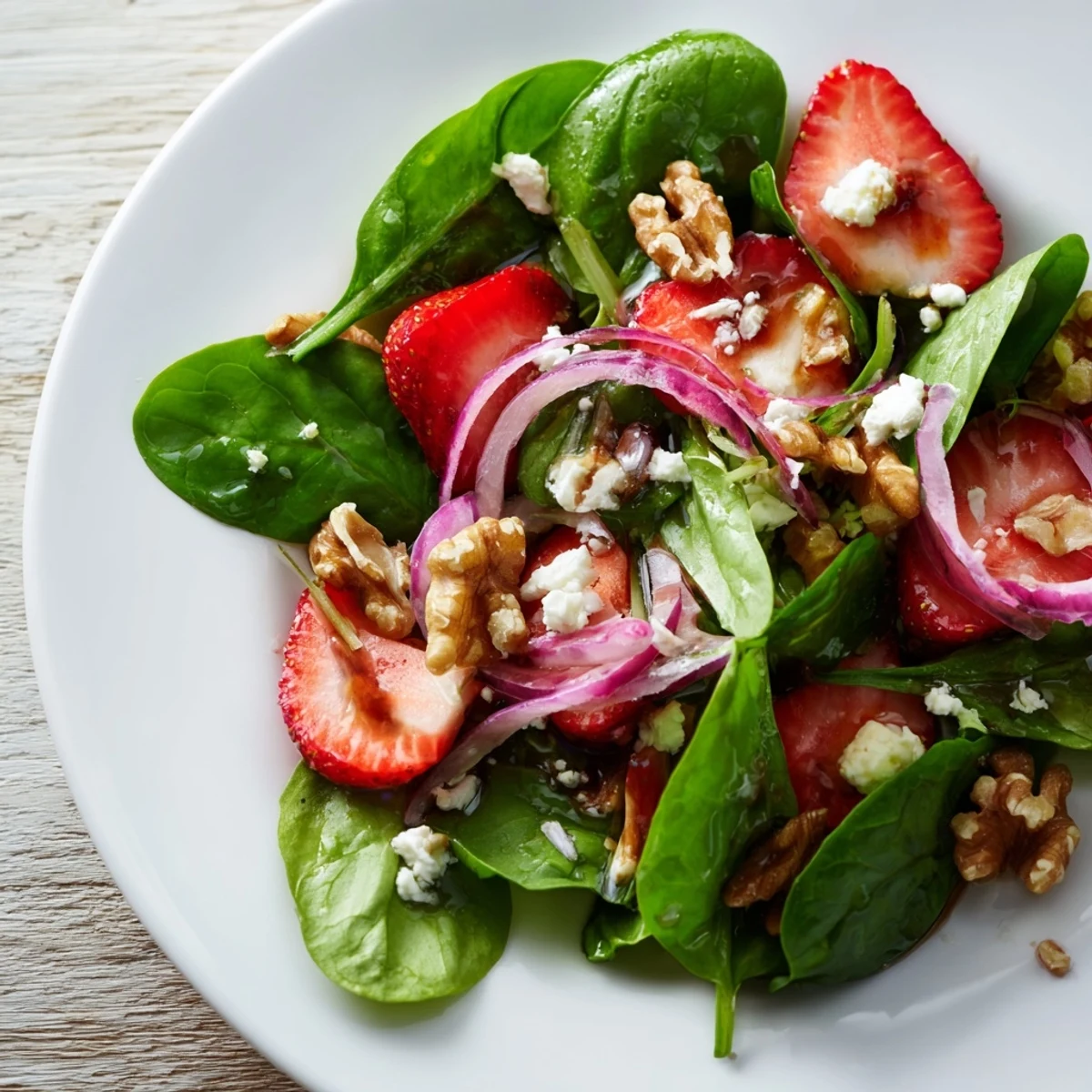 Tender spring greens and sweet strawberries arranged on a plate, topped with roughly chopped walnuts and a drizzle of honey-Dijon balsamic dressing.