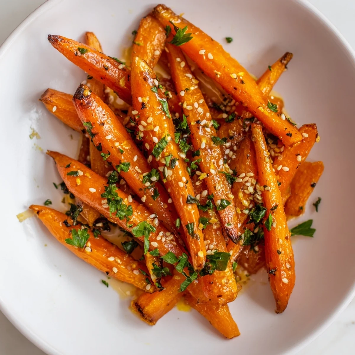 Golden roasted carrots with honey glaze on a platter, garnished with fresh parsley and sesame seeds beside a rustic bread basket.