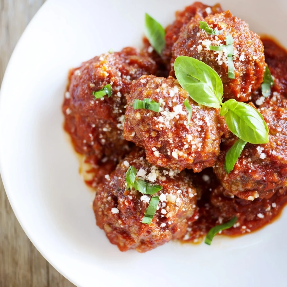 Four golden beef meatballs simmering in rich, chunky marinara sauce, garnished with fresh parsley.