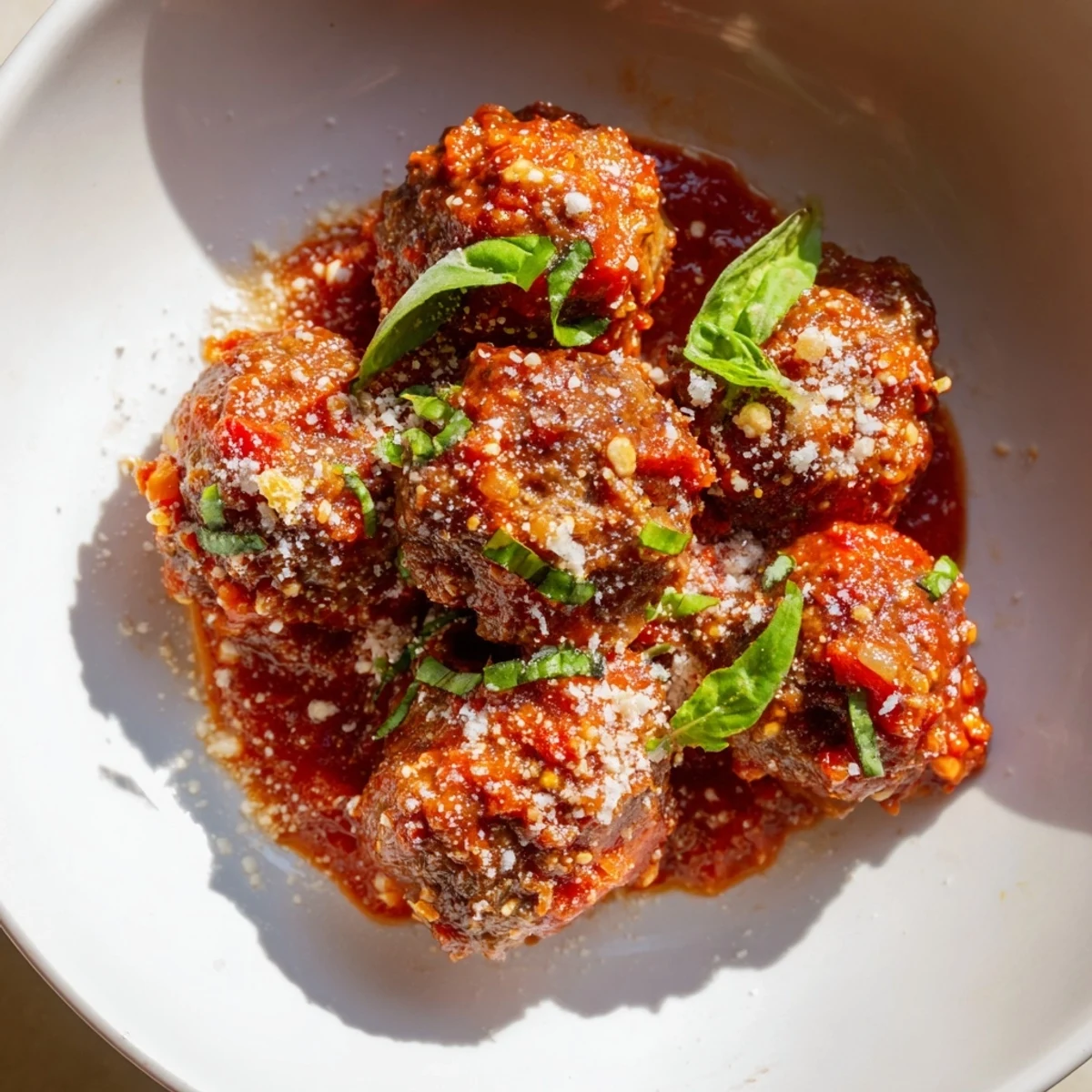 Hearty beef meatballs in aromatic marinara, served over spaghetti with extra Parmesan cheese.