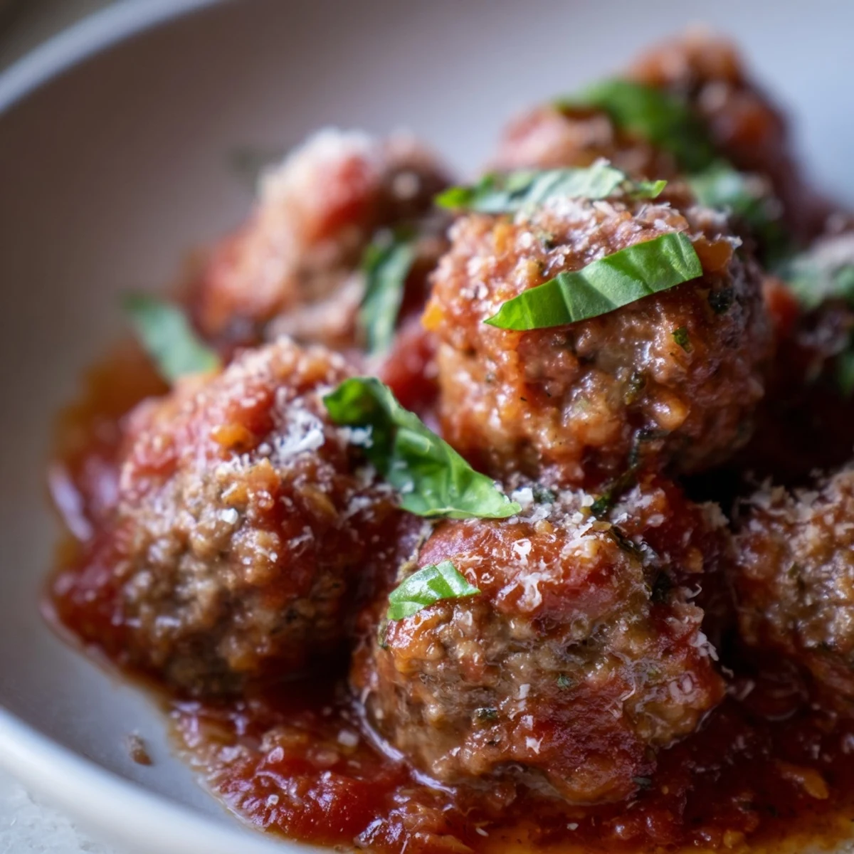 Sizzling beef meatballs in simmering marinara sauce, ready to be served with crusty bread.
