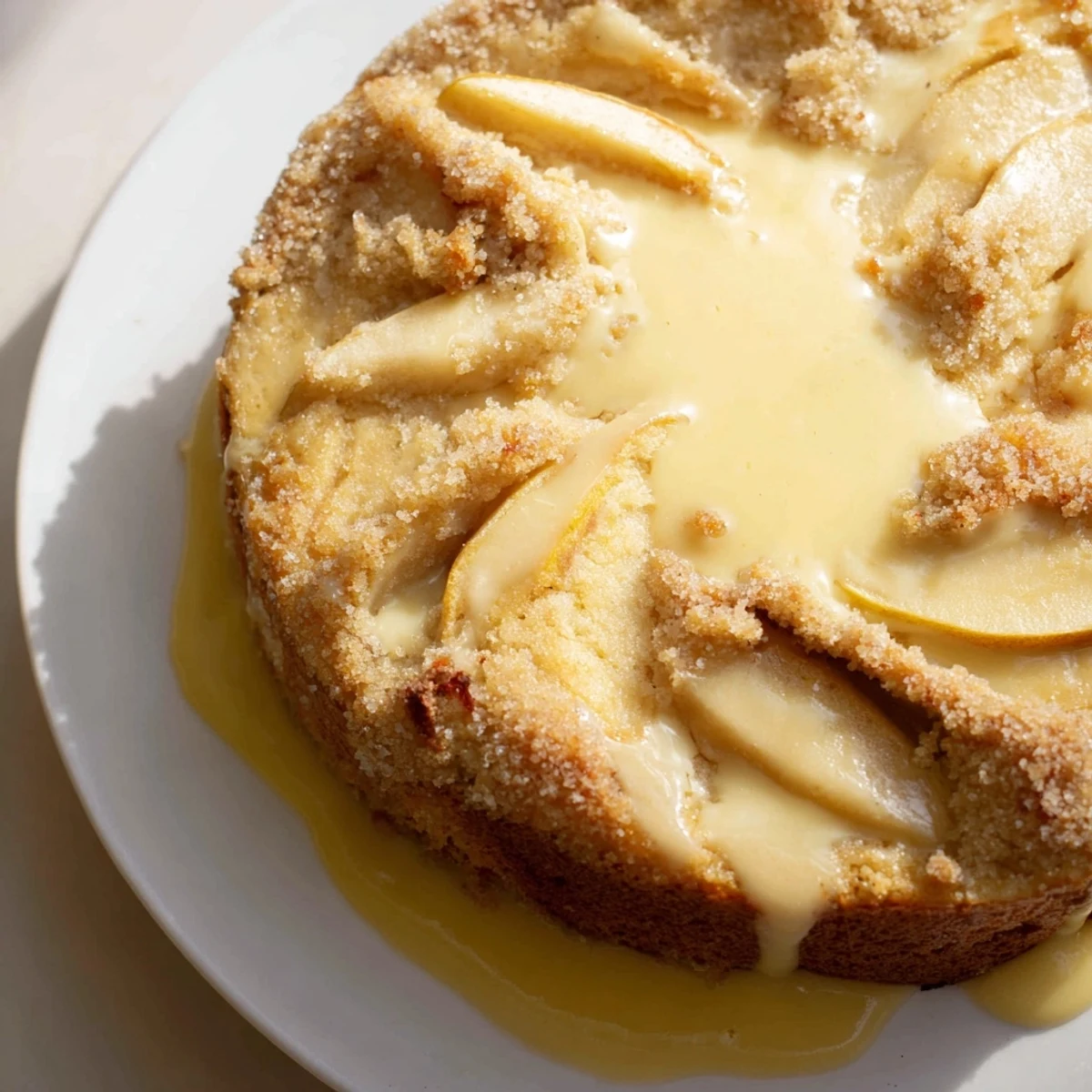 Freshly baked Irish Apple Cake shows a soft interior packed with apples, served warm alongside a luscious, smooth custard sauce.