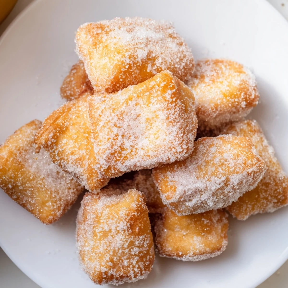 Golden, pillowy Mardi Gras fried dough squares dusted with granulated sugar, ready to serve with coffee.
